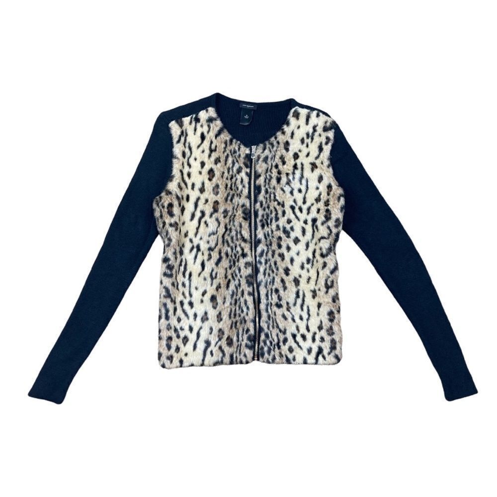 Ann Taylor cheetah faux fur zip up sweater